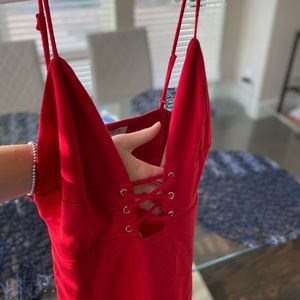 Red lace up cocktail dress